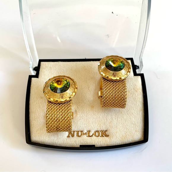 Vintage Gold Tone Mesh Wrap Cufflinks Watermelon Ravioli Rhinestone Nu Lok - Picture 3 of 12